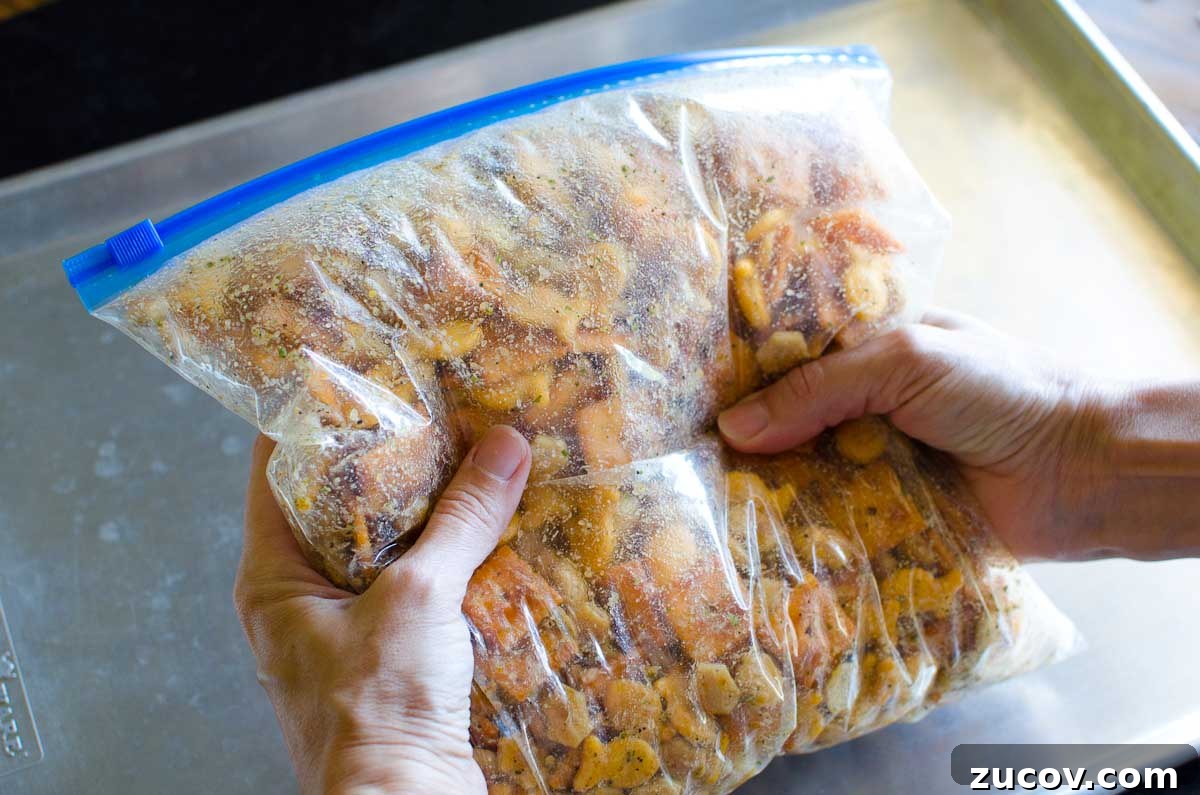 Savory Ranch Snack Crackers for Parties & Everyday Munching 3 holding snack crackers in a large zipper bag