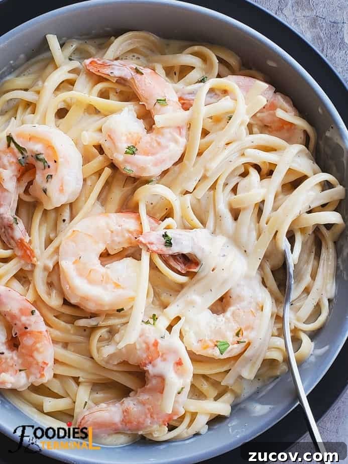 Instant Pot Shrimp Alfredo Recipe — Creamy 20-Minute Dinner 2 easy instant pot shrimp alfredo in a grey bowl with a spoon