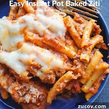 Instant Pot Shrimp Alfredo Recipe — Creamy 20-Minute Dinner 14 baked ziti on a blue plate with a fork on the side