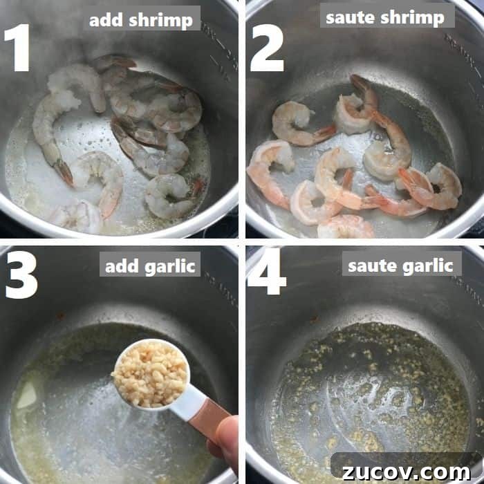 Instant Pot Shrimp Alfredo Recipe — Creamy 20-Minute Dinner 5 sauteing shrimp and garlic in instant pot