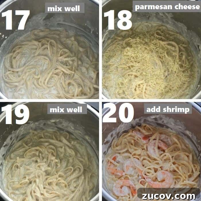 Instant Pot Shrimp Alfredo Recipe — Creamy 20-Minute Dinner 9 preparing creamy alfredo sauce in instant pot and adding shrimp