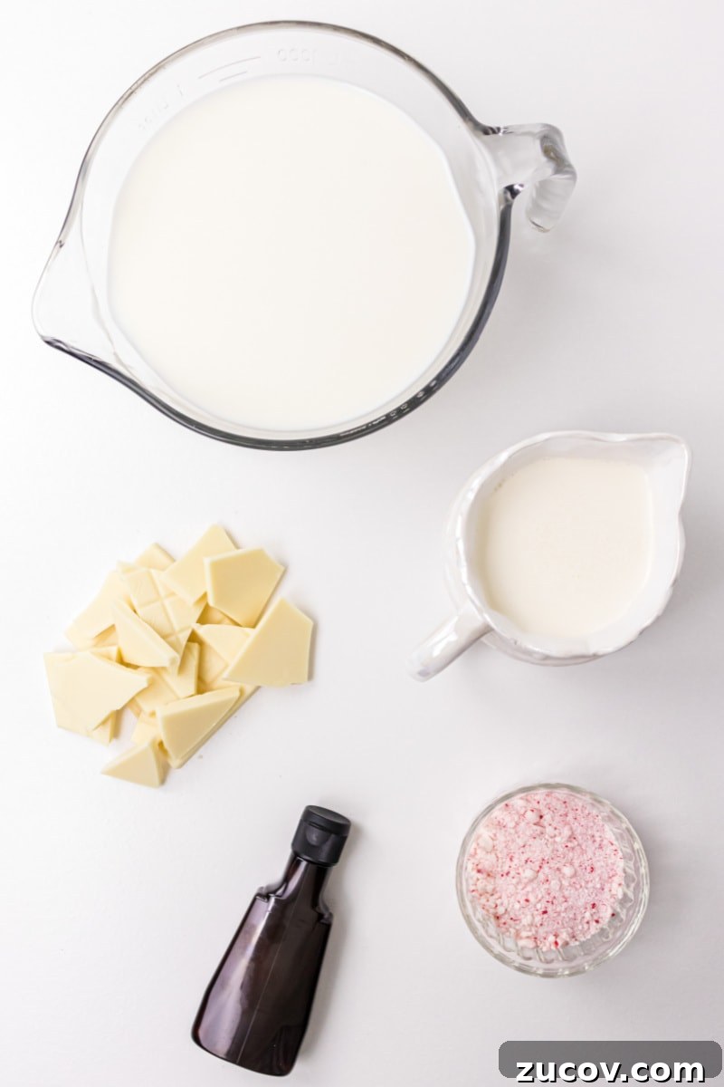 White Chocolate and Peppermint Hot Chocolate ingredients displayed for making white chocolate and peppermint hot chocolate