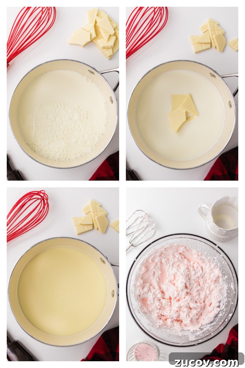 White Chocolate and Peppermint Hot Chocolate four photos showing making white hot peppermint chocolate