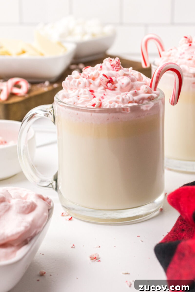 White Chocolate and Peppermint Hot Chocolate mug of white chocolate peppermint hot cocoa