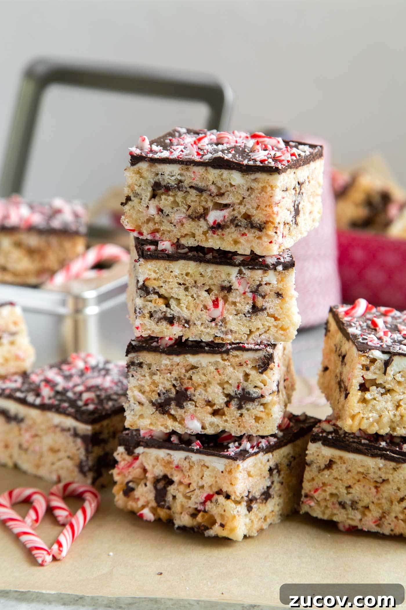 Peppermint Bark Marshmallow Cereal Bars Recipe for Holidays 2 Peppermint Cereal Marshmallow Bars