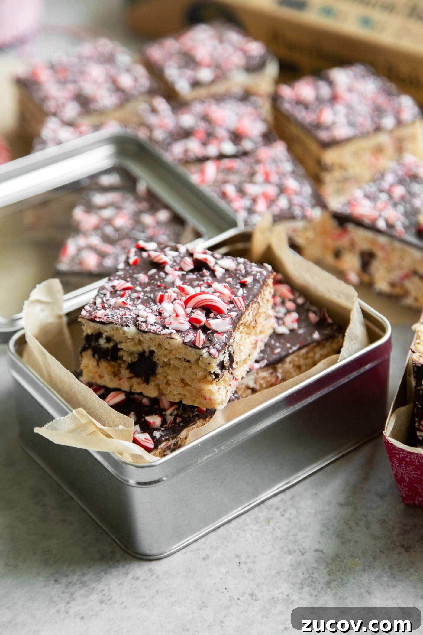 Peppermint Bark Marshmallow Cereal Bars Recipe for Holidays 8 Peppermint Marshmallow Cereal Bars