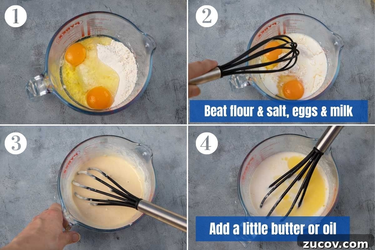 Crisp Lemon Sugar English Pancakes Recipe 4 collage of 4 images showing how to mix batter for English pancakes with a whisk