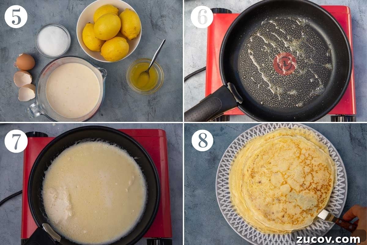 Crisp Lemon Sugar English Pancakes Recipe 5 collage of 4 images showing how to cook English pancakes in a pan