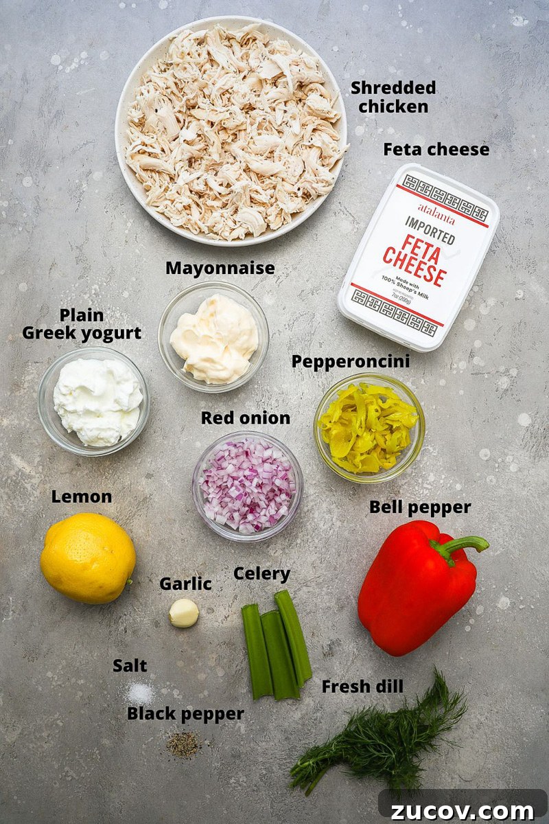 Greek-Style Feta Chicken Salad with Lemon-Dill Dressing 3 Ingredients used to make feta chicken salad