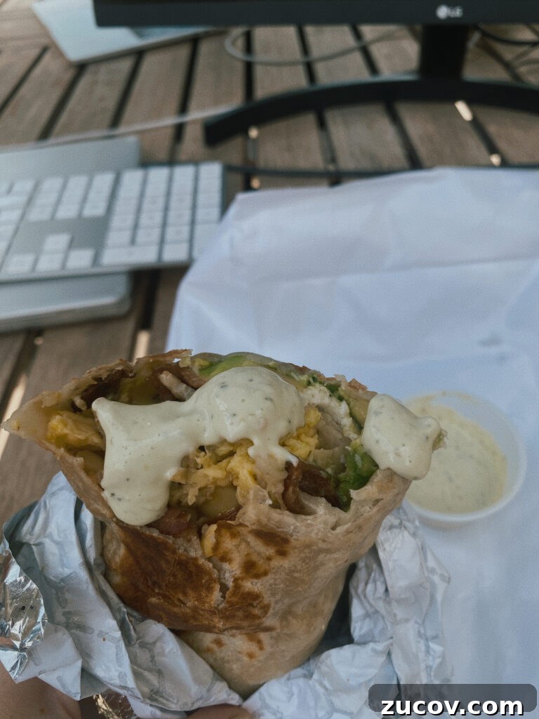 Skiers’ Breakfast Burrito from Beaumont Bakery: Mountain Morning Favorite 4 Breakfast burrito with sauce
