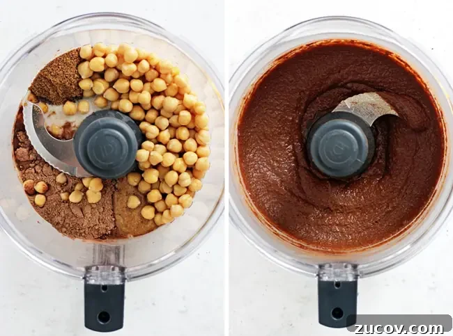 All you need is a food processor and 10 minutes for this brownie hummus. A food processor with all the ingredients for Brownie Hummus and then again with it all blended.