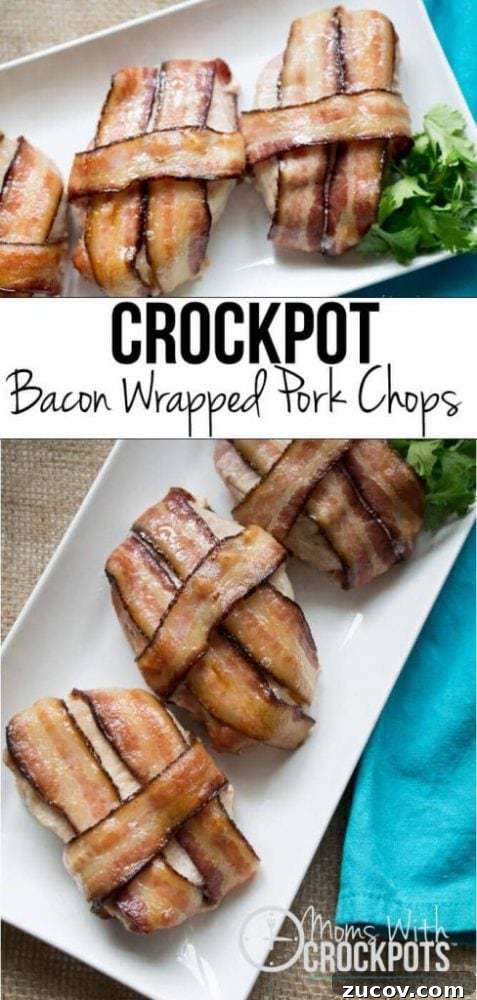 Slow-Cooker Bacon-Wrapped Pork Chops with Savory Glaze 2 A dinner that will leave them asking for more! This simple Crockpot Bacon Wrapped Pork Chops Recipe is a keeper!