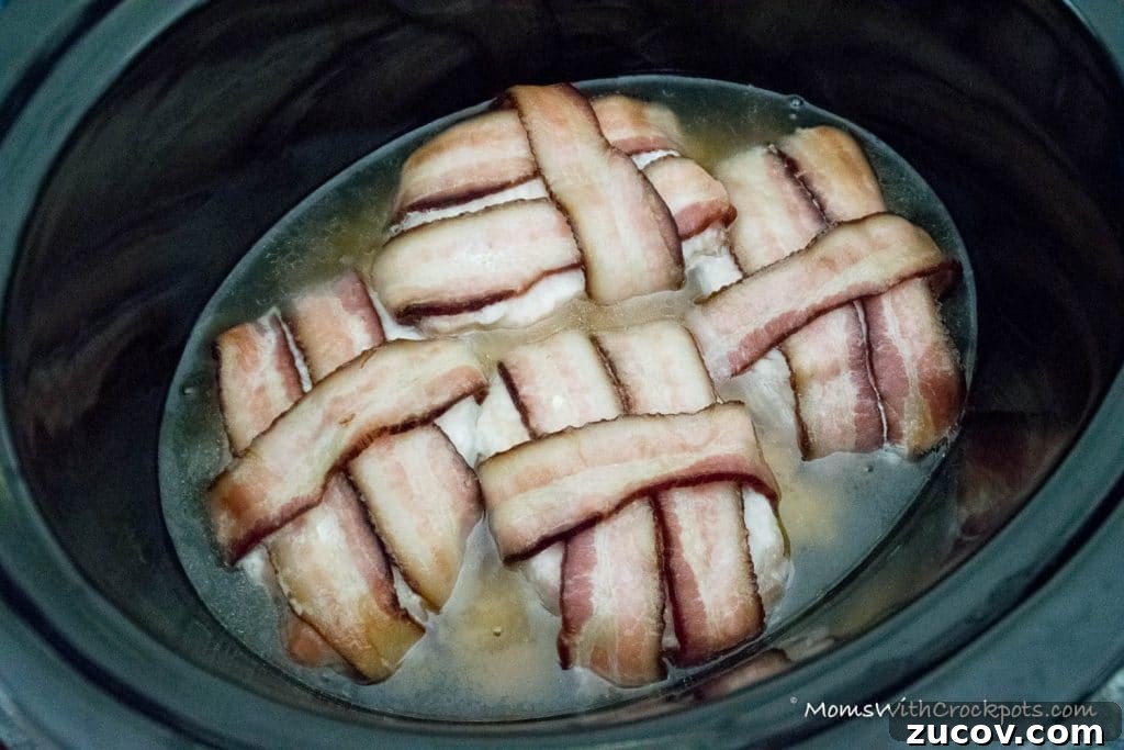 Slow-Cooker Bacon-Wrapped Pork Chops with Savory Glaze 6 A dinner that will leave them asking for more! This simple Crockpot Bacon Wrapped Pork Chops Recipe is a keeper!