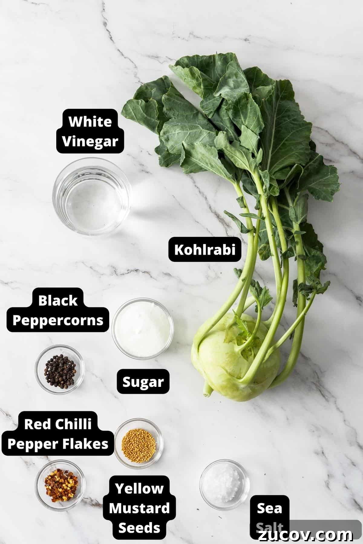 Crispy Pickled Kohlrabi Recipe for Tangy, Quick Ferments 4 Ingredients in this recipe on a white marble background.