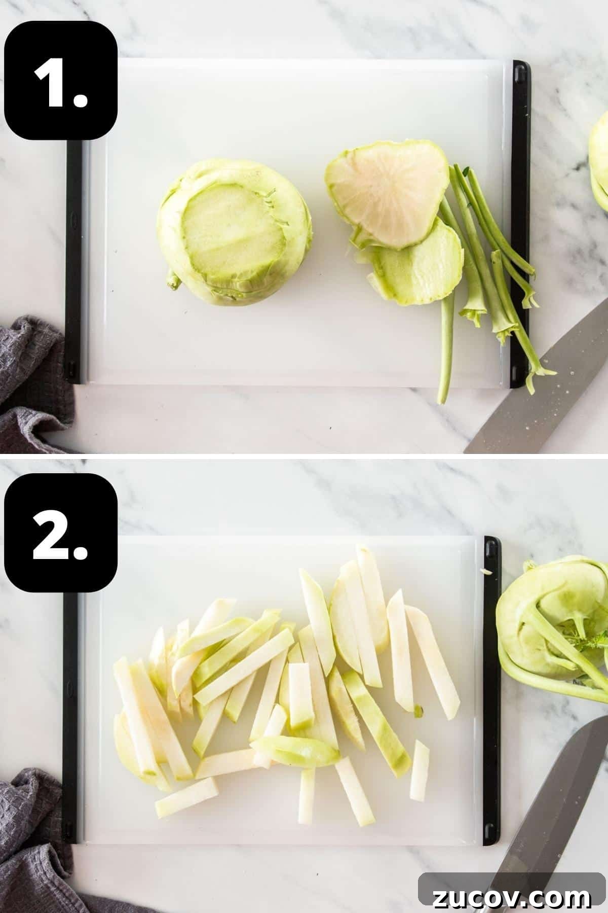 Crispy Pickled Kohlrabi Recipe for Tangy, Quick Ferments 5 Steps 1-2 of preparing this recipe - peeling the kohlrabi and cutting it into pieces.
