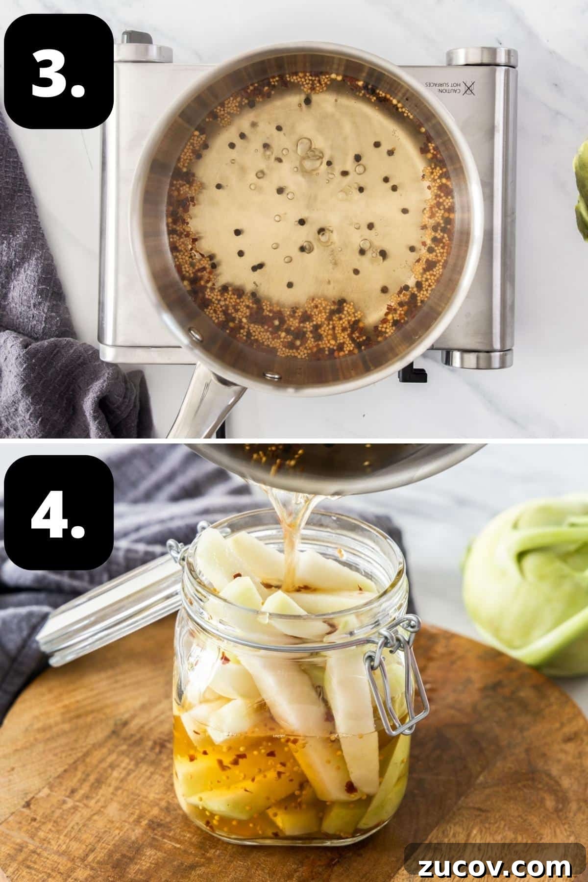 Crispy Pickled Kohlrabi Recipe for Tangy, Quick Ferments 6 Steps 3-4 of preparing this recipe - the pickling liquid in a saucepan and adding the liquid to the jar of kohlrabi pieces.