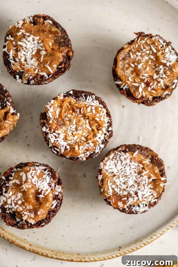 No-Bake Chocolate Caramel Tart Recipe for Quick Desserts 2 Chocolate tarts with a caramel filling topped with coconut on a small plate.