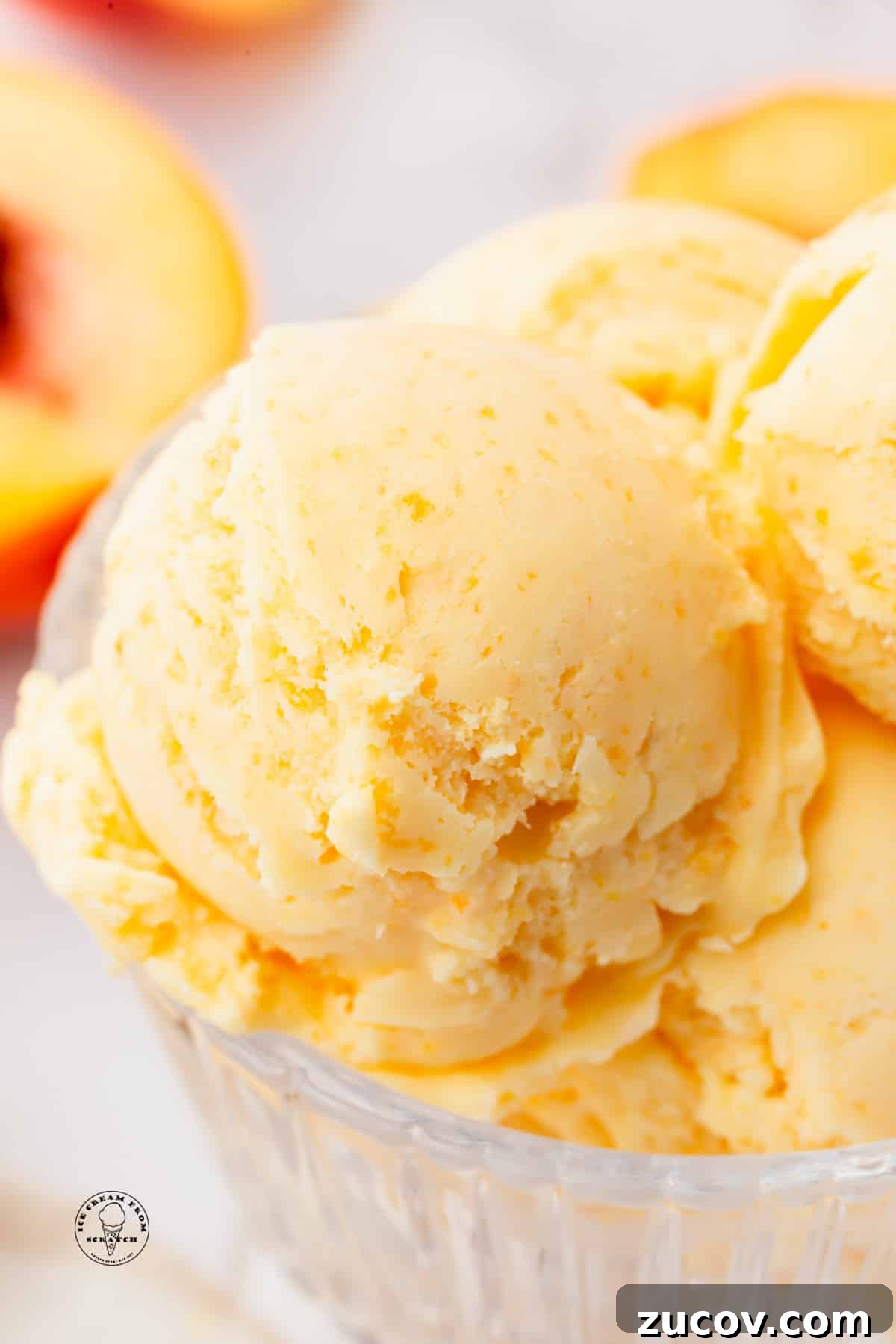 Homemade Peaches and Cream Ice Cream Recipe 5 closeup view of a scoop of peaches and cream ice cream.