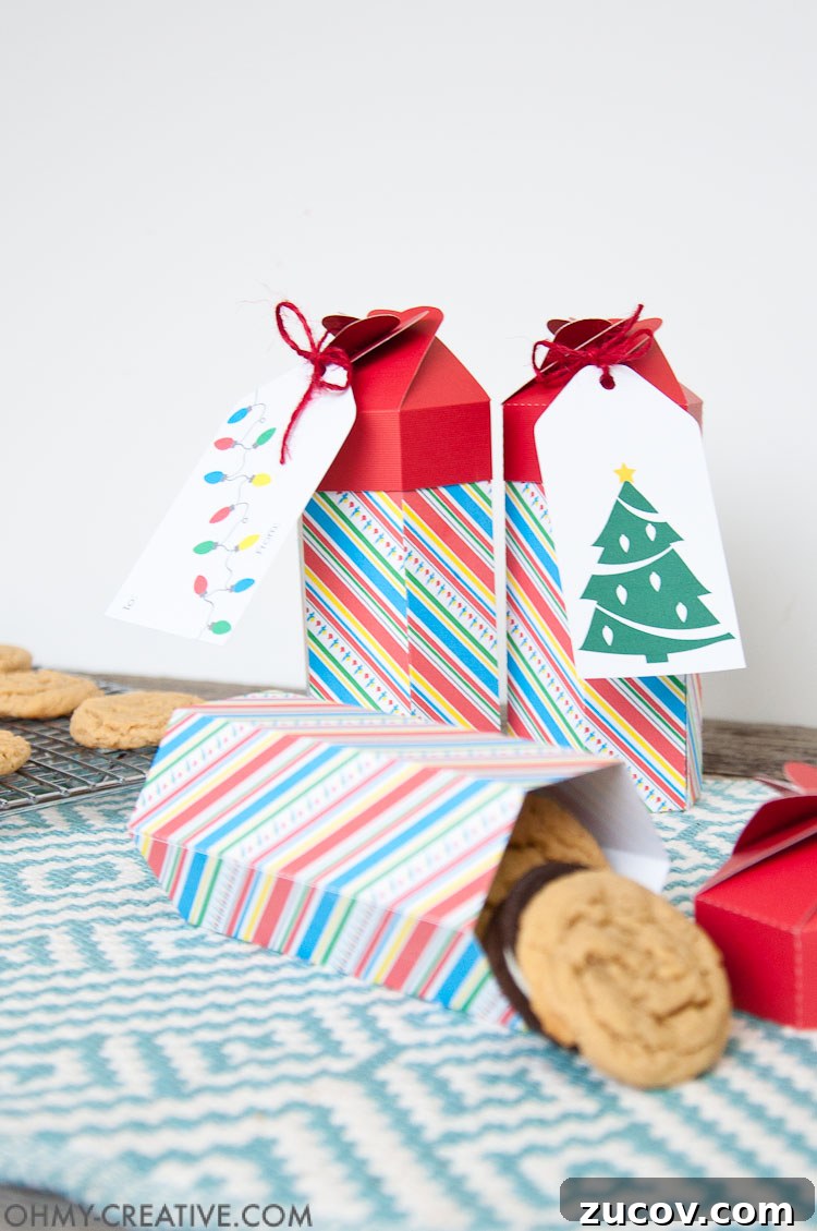 Printable DIY Cookie Gift Box Template — Instant Download Craft Kit 3 Need a last minute gift for neighbors or friends? These Christmas folded treat boxes are perfect for filling with your favorite cookies. The printable file is ready for you to make this DIY cookie box gift today! | OHMY-CREATIVE.COM