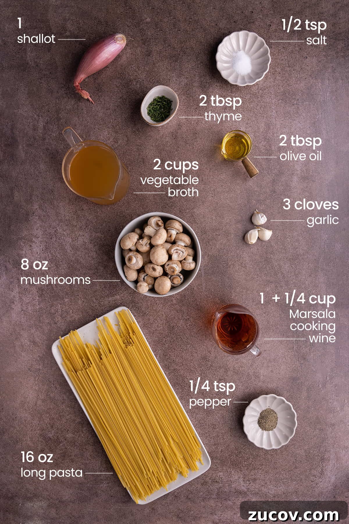 20-Minute Mushroom Marsala Pasta Recipe (Vegetarian) 3 ingredients for one pot mushroom marsala pasta - shallot, salt, thyme, olive oil, vegetable broth, garlic, mushrooms, marsala cooking wine, pepper, long pasta