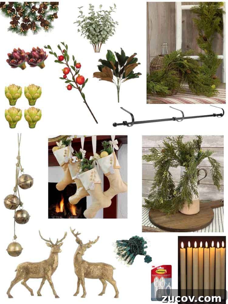 13 Elegant Christmas Fireplace Decorating Ideas to Try This Year 12 Collage of products used to decorate the fireplace mantel.