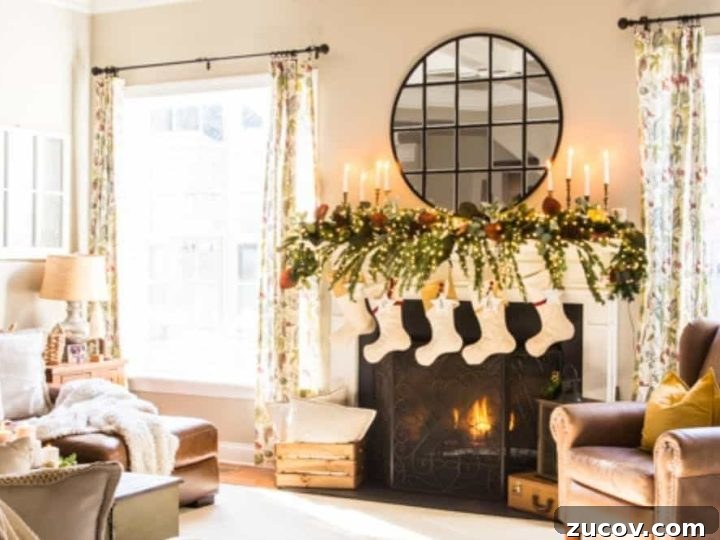 Gas fireplace with white wood surround decorated for Christmas with natural garland and cream stockings.