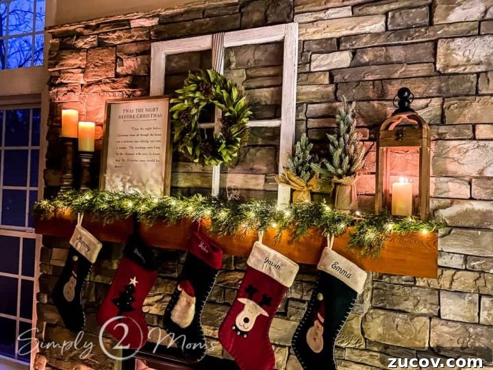 Close up of farmhouse Christmas mantel