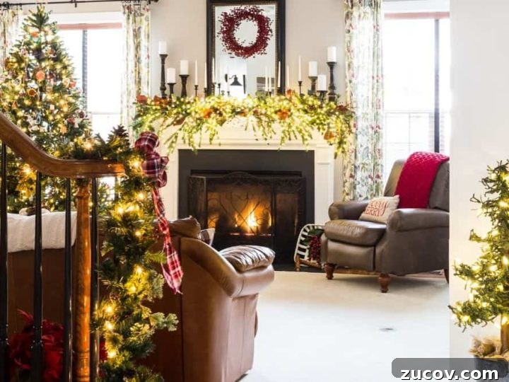 Family room decorated for Christmas with tree and garland