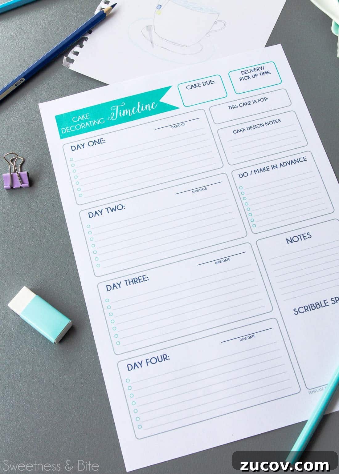Create a Personalized Cake Decorating Timeline for Any Event 3 The printed cake decorating timeline sheet, with a pencil and eraser.