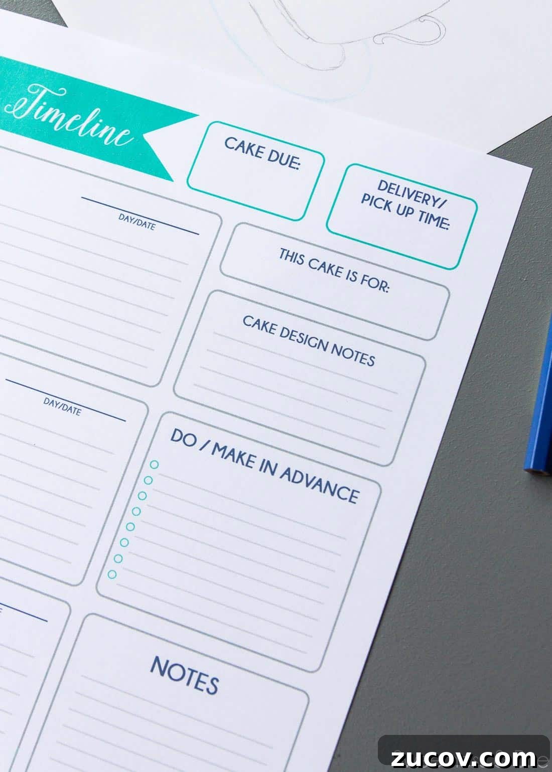 Create a Personalized Cake Decorating Timeline for Any Event 4 Close up of the top section of the timeline sheet, with spaces for cake due date, time and design notes.