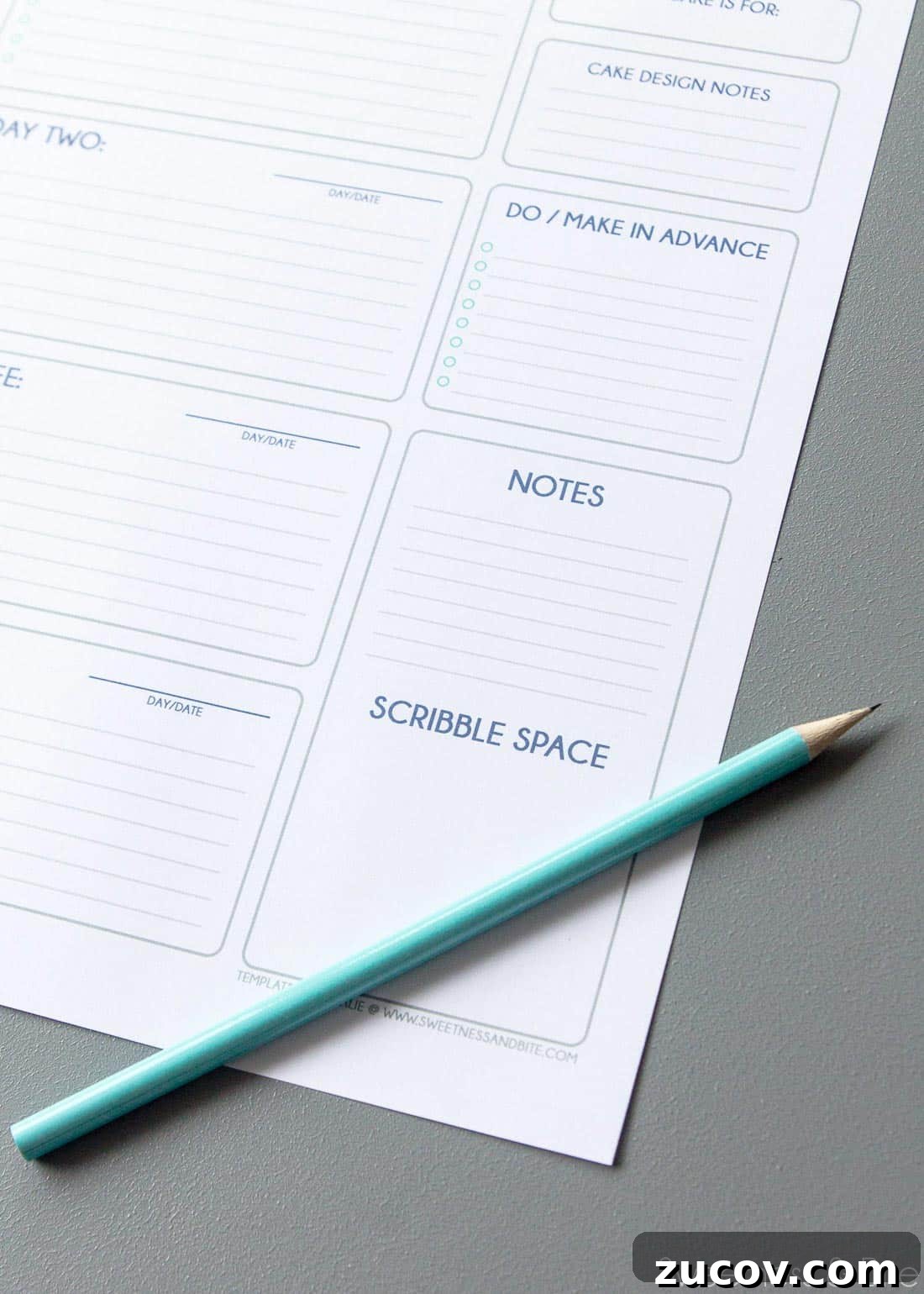 Create a Personalized Cake Decorating Timeline for Any Event 5 Close up of the top section of the cake decorating timeline sheet, with spaces for sketches and notes.