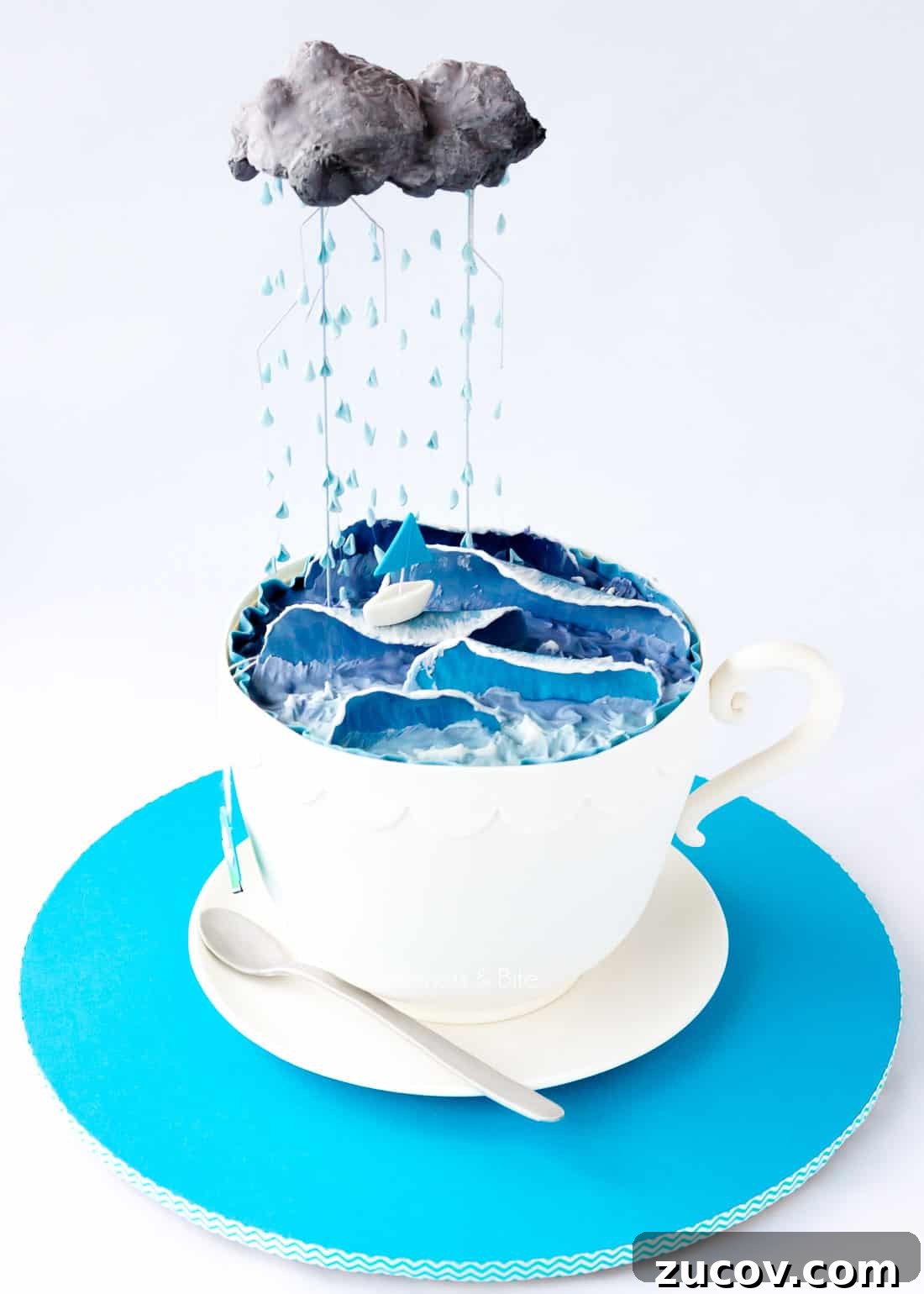 Create a Personalized Cake Decorating Timeline for Any Event 6 A "Storm in a Teacup" cake - cake in the shape of a teacup, with decorated with waves and rainclouds.