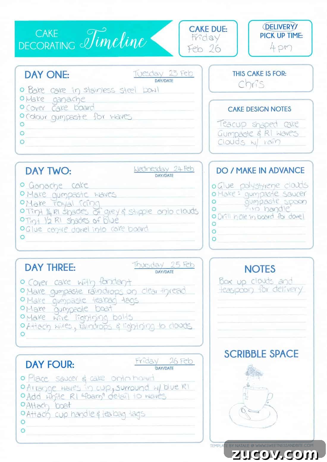 Create a Personalized Cake Decorating Timeline for Any Event 7 A scanned copy of a filled-in cake decorating timeline using the storm in a teacup cake as an example.