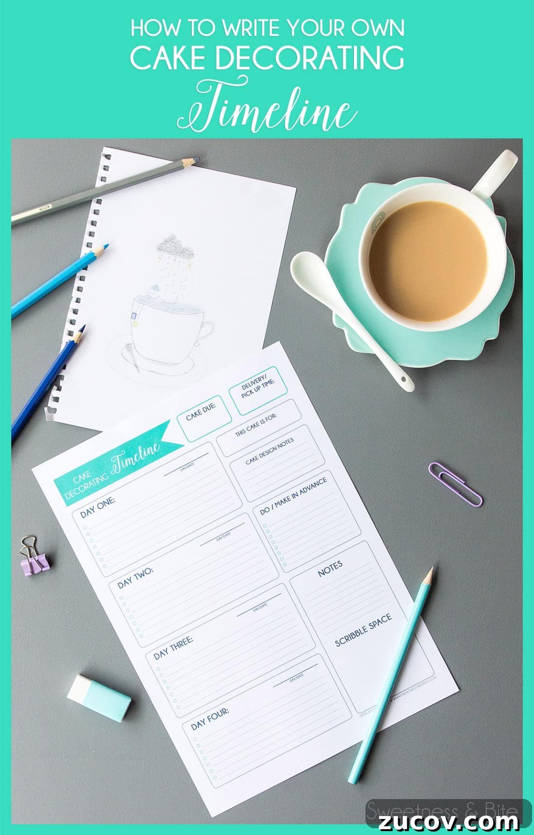 Create a Personalized Cake Decorating Timeline for Any Event 9 A printed cake timeline sheet on a grey background with a cup of tea - text overlay reads "How to Write Your Own Cake Decorating Timeline".