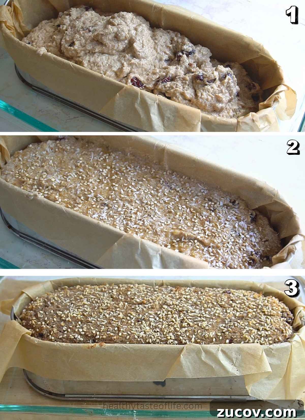 Vegan Gluten-Free Sourdough Banana Bread — Moist Recipe 4 banana bread batter in loaf pan before baking and after