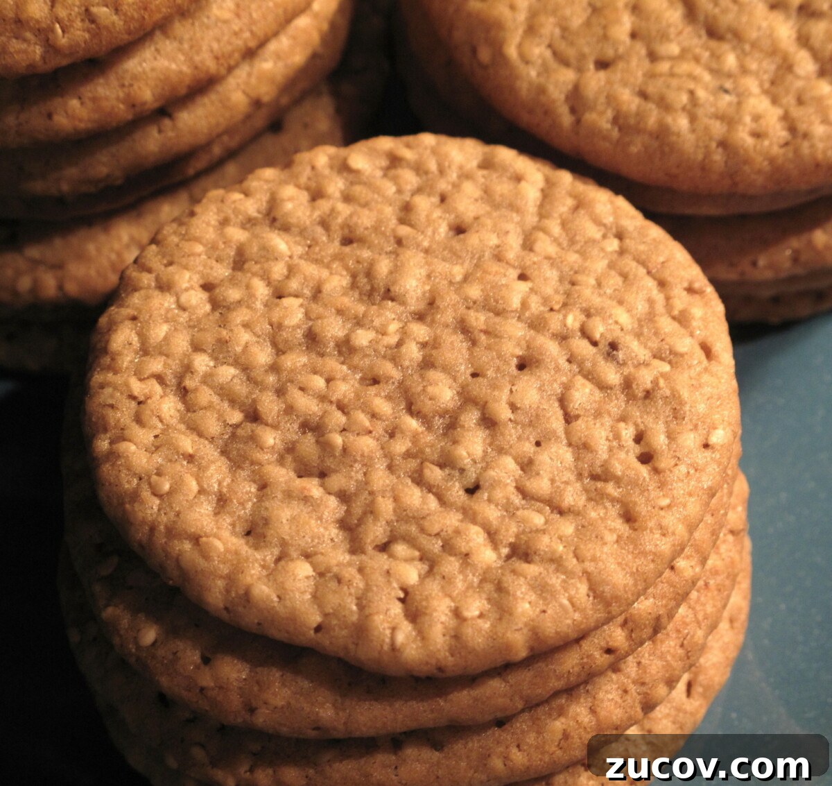 Sesame Benne Wafers: Crispy South Carolina Cookie Recipe 7 Closeup of top of Benne Wafer showing the toasted sesame seeds speckling the dough.