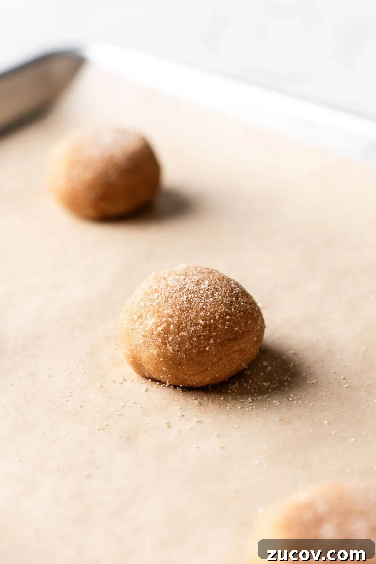 Brown Butter Snickerdoodle Cookies Recipe for Extra-Rich Flavor 6 brown butter snickerdoodles coated cookie dough balls on parchment lined baking sheet