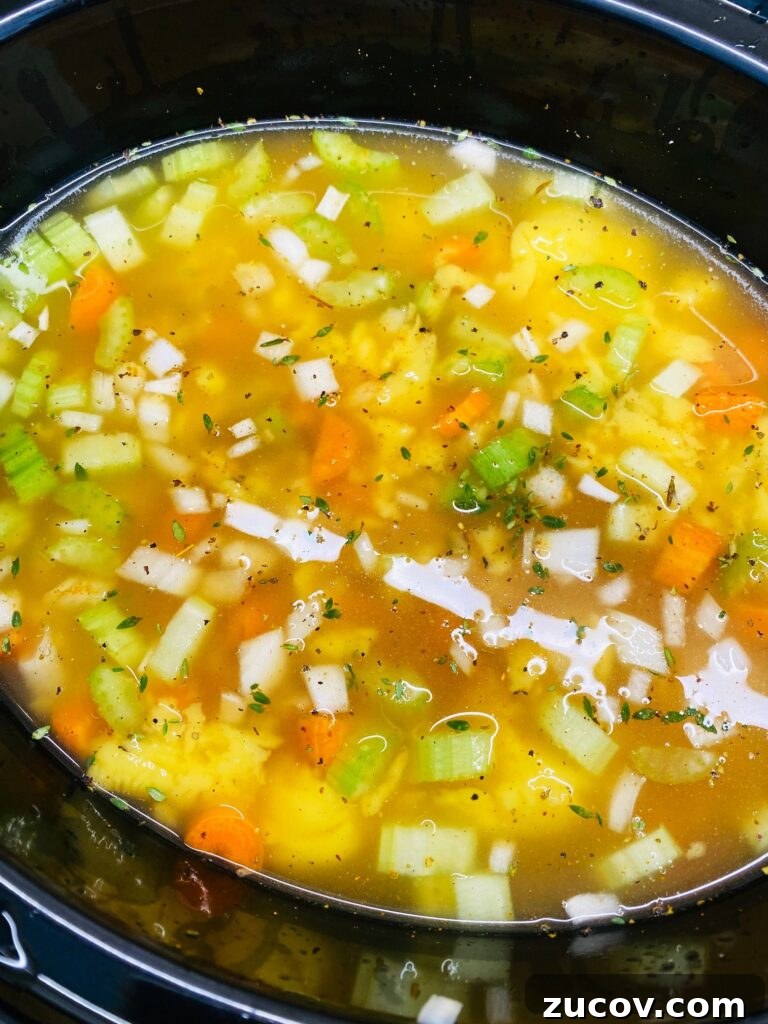 Slow Cooker Chicken with Fluffy Dumplings Recipe 5 adding broth and chicken soup to slow cooker