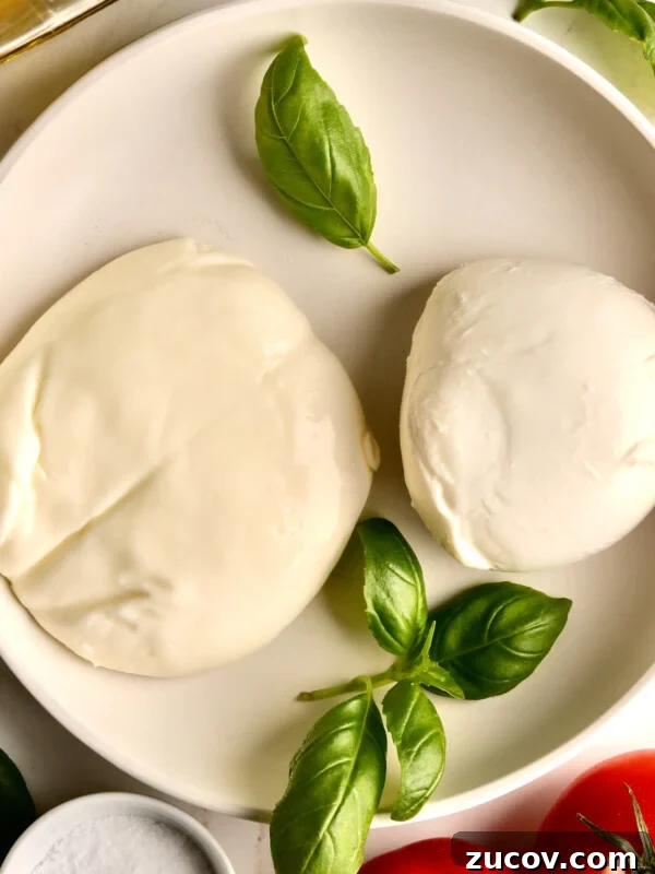 Balls of burrata and mozzarella in a bowl with basil.