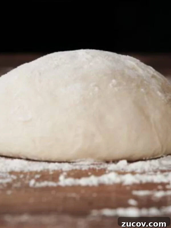 Homemade yeast dough ball for pizza on floured wooden table.