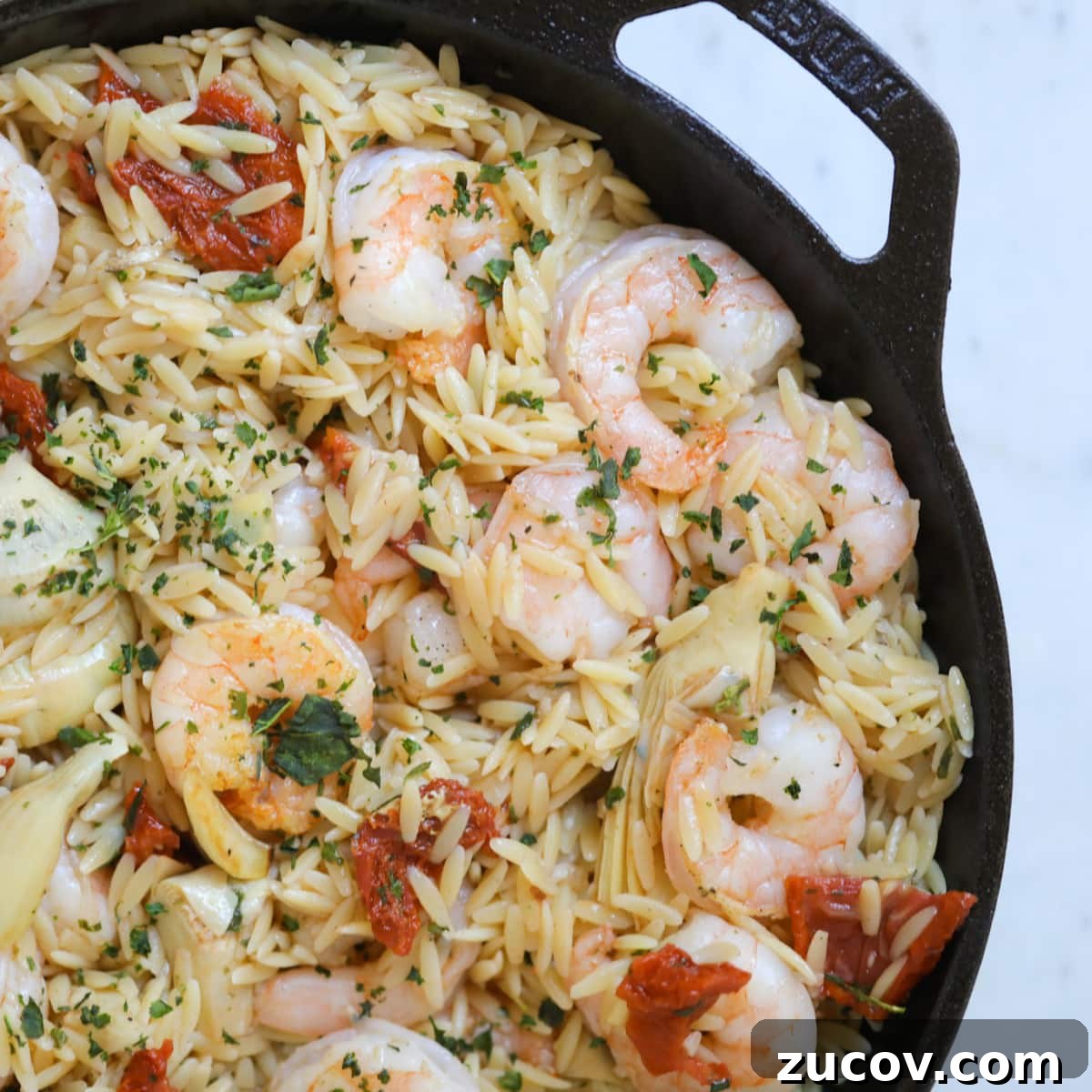 Orzo vs Risotto: Key Differences, Cooking Tips & Recipes 3 Shrimp and orzo in a cast iron skillet.