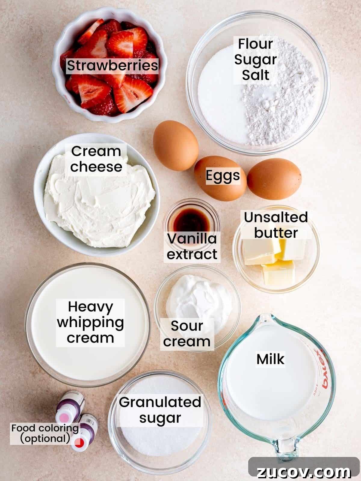 Strawberry & Cream Layered Crepe Cake Recipe 3 Ingredients needed to make a strawberry crepe cake with cream cheese filling.