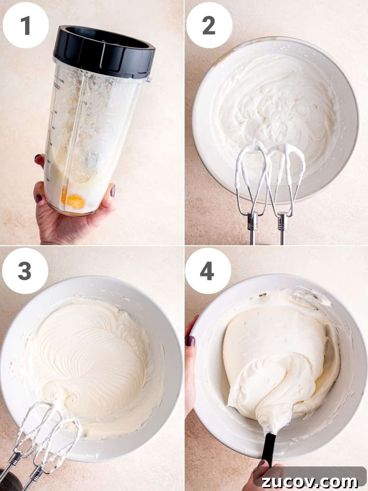 Strawberry & Cream Layered Crepe Cake Recipe 4 Step by step instructions showing how to make cheesecake filling.