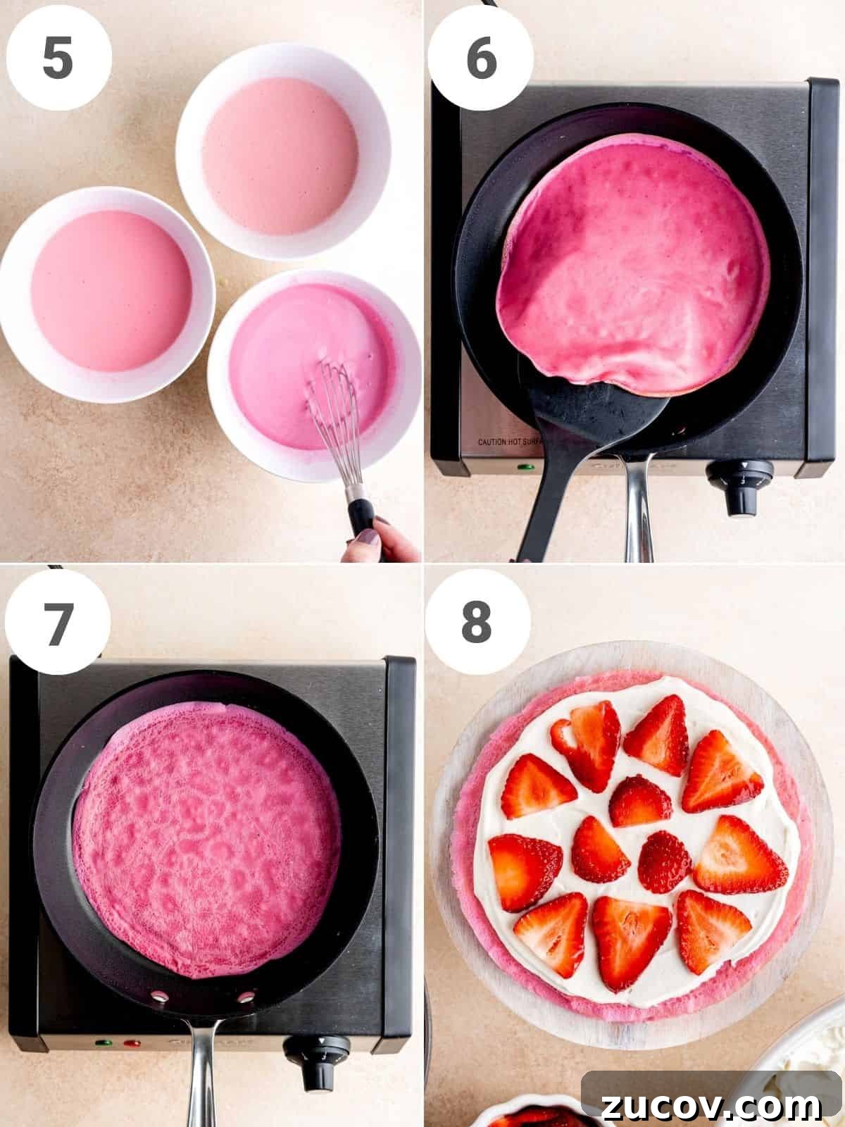 Strawberry & Cream Layered Crepe Cake Recipe 5 Step by step instructions showing how to dye crepe batter, cook crepes and then layer them with cream cheese filling and strawberries.