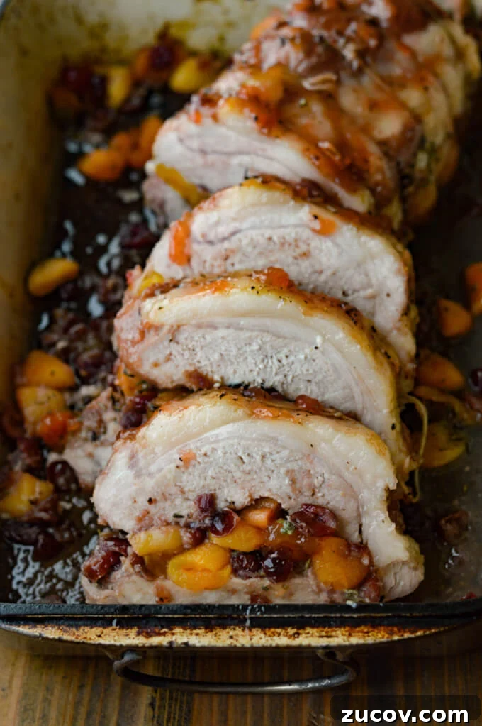 Fruit-Stuffed Pork Loin Roast with Apple and Cranberry Filling 2 Fruit Stuffed Pork Loin Roast with Peach Glaze - Cooked in Pan