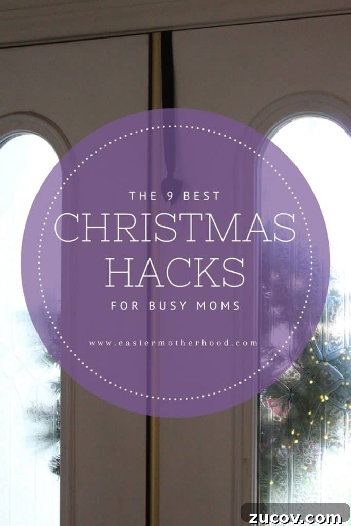 Christmas Survival Hacks for Busy Moms: 9 Time-Saving Tips 4 The 9 Best Christmas Hacks for Busy Moms overlayed on a front door showing a wreath being hung outside from a command hook inside with a strap