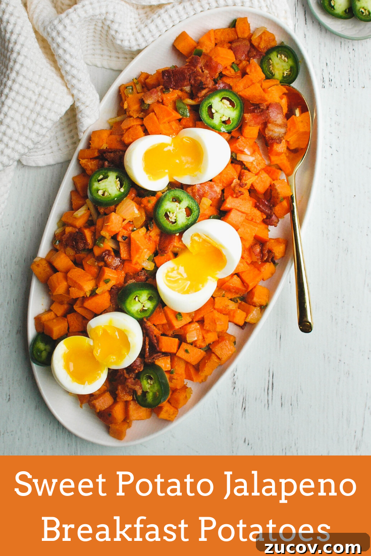 Sweet Potato, Jalapeño & Bacon Breakfast Hash Recipe 6 Sweet potato jalapeno breakafast hash is exactly what you want for weekend brunch! Topped with a few soft-boiled eggs, it's sweet, spicy, and salty and a delicous easy breakfast recipe. #sweetpotatoes #breakfast #brunch