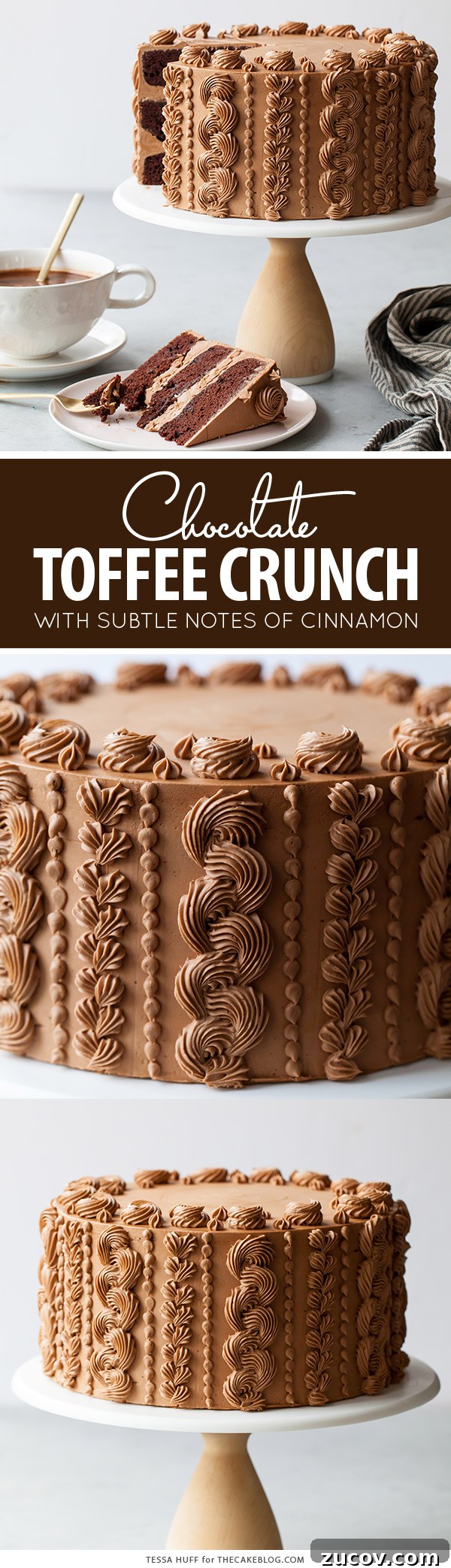 Chocolate Toffee Crunch Cake - fudge chocolate cake lightly spiced with cinnamon paired with crunchy toffee bits and silky smooth chocolate buttercream frosting | by Tessa Huff