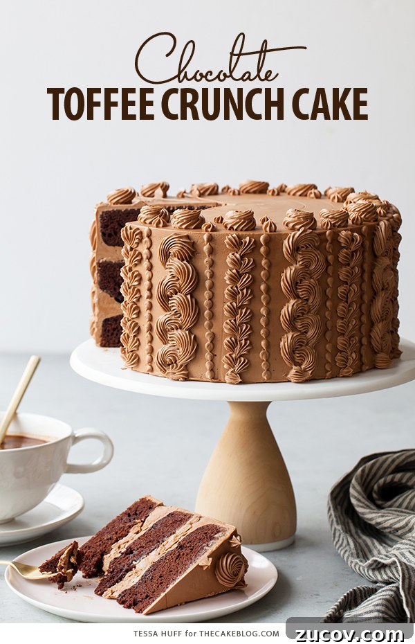 Chocolate Toffee Crunch Cake - fudge chocolate cake lightly spiced with cinnamon paired with crunchy toffee bits and silky smooth chocolate buttercream frosting | by Tessa Huff