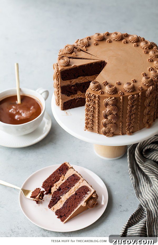 Chocolate Toffee Crunch Cake - fudgy chocolate cake lightly spiced with cinnamon paired with crunchy toffee bits and silky smooth chocolate buttercream frosting | by Tessa Huff